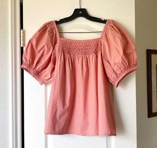Doen Gail Top Smocked Cotton Poplin Blouse Petal Pink Puff Sleeve Medium EUC