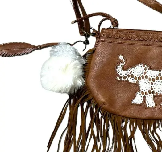 Boutique Boho Faux Leather Elephant Fringe Crossbody Bag Purse Brown Festival