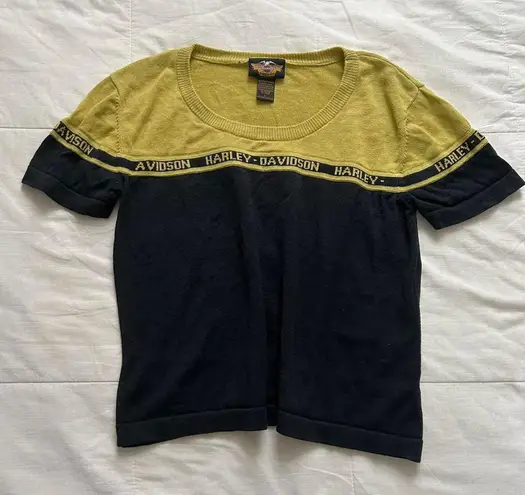 Y2K Harley Davidson greenish yellow and black knit logo intarsia sweater Size M