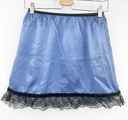 Womens Coquette Fairycore Romantic Satin Lace Trim Mini Slip Skirt Size S Blue