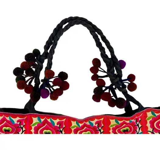Authentic Vintage Y2K Mexican Floral Embroidered Handmade Shoulder Pom Pom Purse