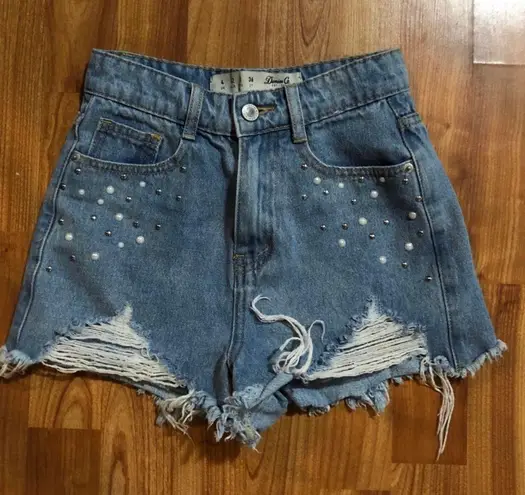 Denim & Co Denim Co Studded Pearl Distressed Jean Shorts