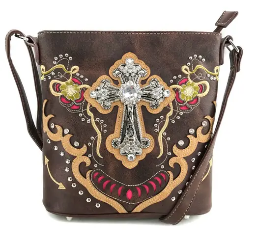 Daisy Floral Embroidery Cross Crossbody Purse Brown