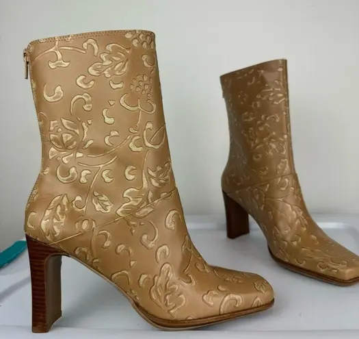 Amanda Smith NEW Y2K Leather Square Toe Heeled Boots Sz 6.5 Tan Floral