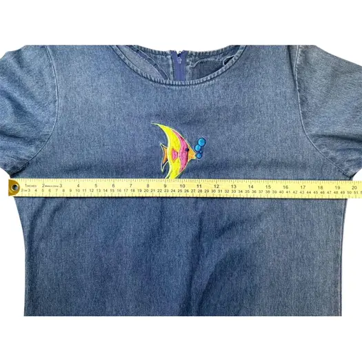 Vintage Denim Dress with Fish Embroidery, Pockets, Short Sleeve, Casual, Cute Blue Size M