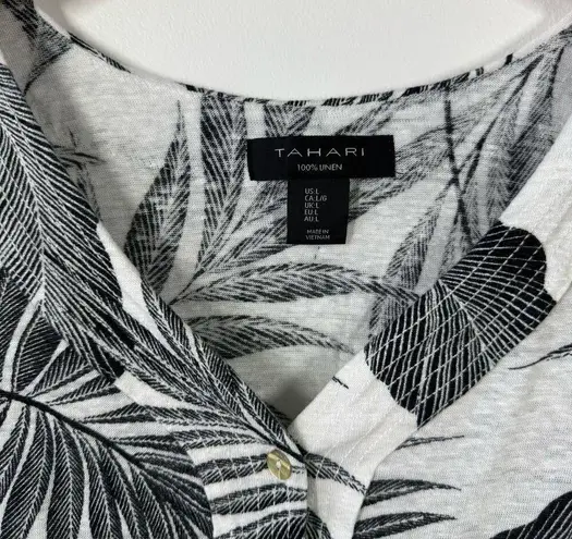 Tahari Women L 100% Linen Top Black White Leaf Button Up Crop Tropical Beach