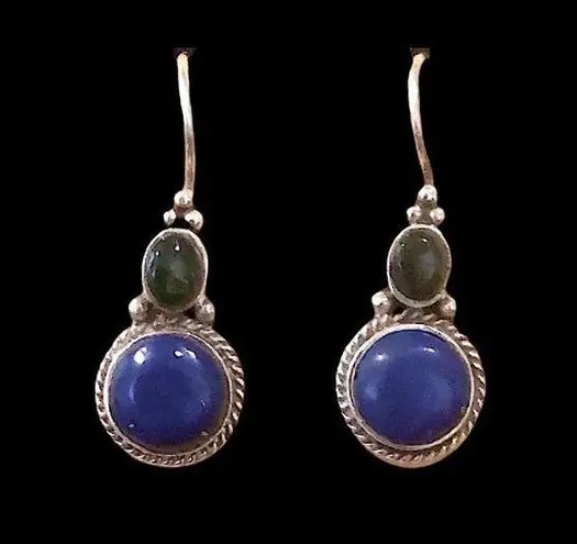 Sterling Silver Vintage Green Agate Blue Lapis Lazuli Drop Dangle Earrings