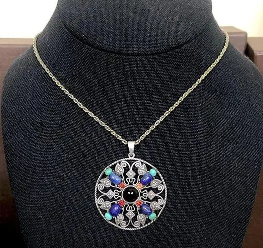 Sterling Silver Turquoise Garnet Onyx Lapis Marcasite Pendant and Rope Necklace