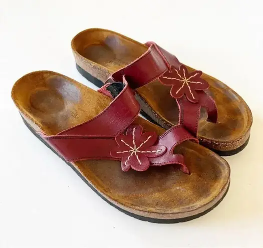NAOT Dark Red Leather Floral Motif Cork Sandals Women’s Size 12 Summer Slides