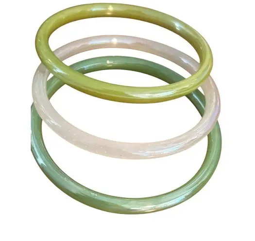 Set Of 3 Vintage Green White Jade Bangle Bracelets Stack Layer Estate 8.75"