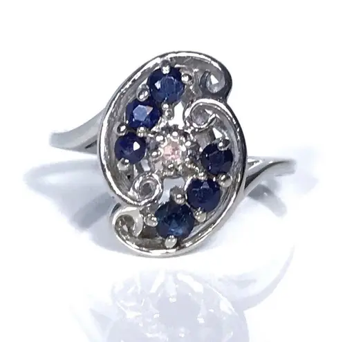 14KT SOLID WHITE GOLD DIAMOND & SAPPHIRE VINTAGE .64 TOTAL CARAT RING