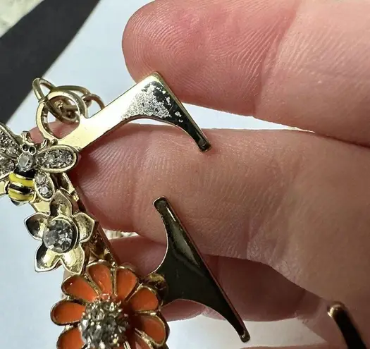 Gold Tone Chain Necklace Large Letter Initial E Flowers With Rhinestones