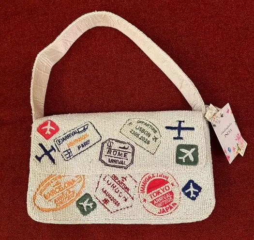 NWT Viral Travel Passport Cities Beaded Bag Made in India Handcrafted Handmade White