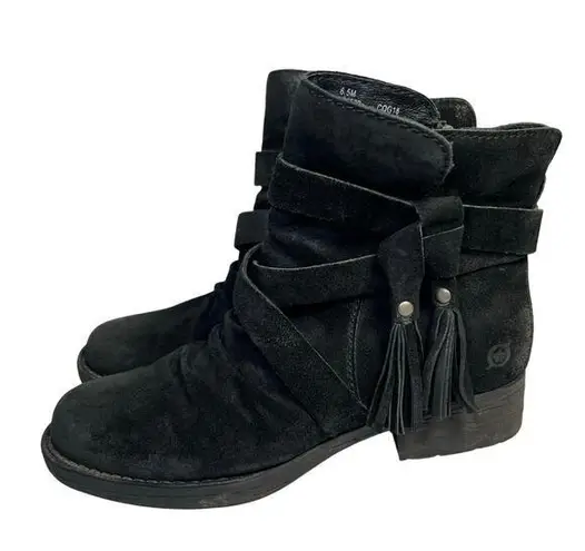 Born Eton Distressed Suede Leather Ankle Boots Tassels Black Womens Size 6.5