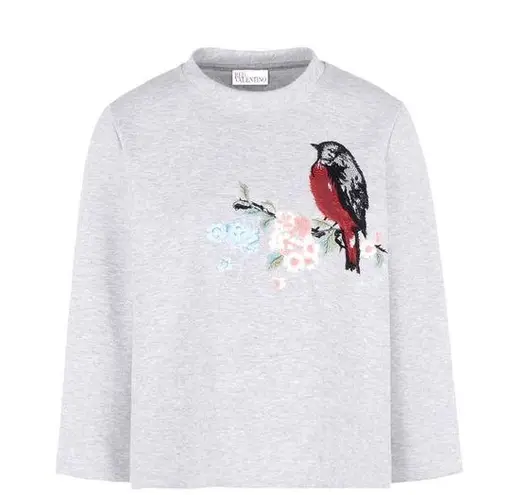 Red Valentino Sweatshirt Embroidered Sequins & Lace Bird & Floral Sz L EUC