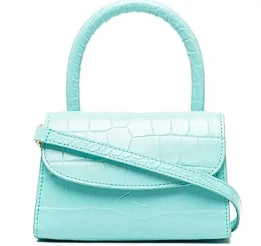 By Far Mini Croco Embossed Top Handle Bag Purse Light Blue Crossbody Leather