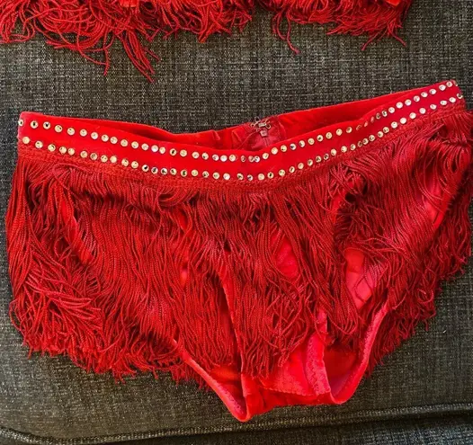 Red velvet rhinestoned fringe 2 piece outfit / dance costume