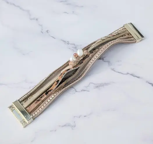 Cuff Bracelet Neutral Tones with Gold Tone & Faux Pearls