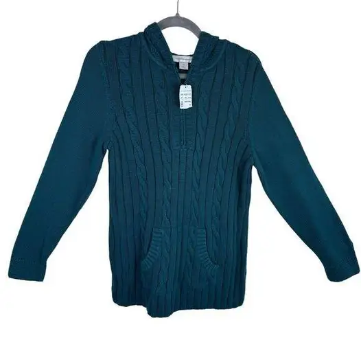 Christopher & Banks  NWT 100% Cotton Teal Cable Knit 1/4 Zip Hooded Sweater Sz M