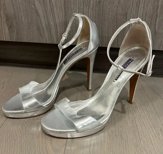 Ralph Lauren $650 Purple Collection T-strap Platform Silver  Heels Size 10