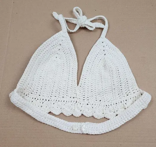 New Crochet Halter Top Bralette in Cream Cotton Scalloped Edge Handmade Size M