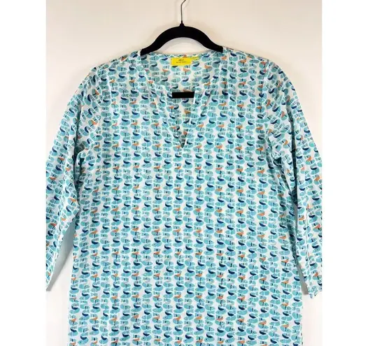 Roberta Roller Rabbit Roller Rabbit Womens Top Blue Sardina Kurta Tunic V Neck 3/4 Sleeve Blouse XS
