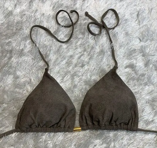 PilyQ Gray Brown Taupe Triangle Bikini Top Gold Accent Sz Small
