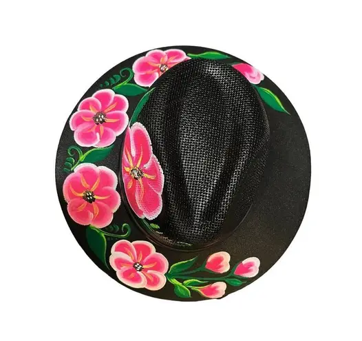 HAT MEXICAN Artisanal Hand Painted Fedora Floral Sombrero Panama Bohemian Black