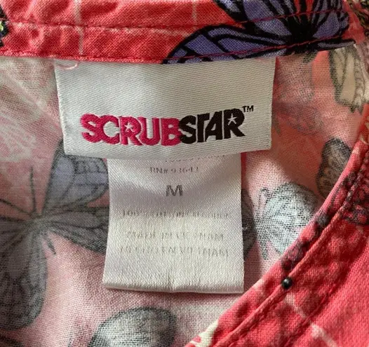 Scrubstar womens M short sleeve v-neck pullover pink with butterflies scrub top