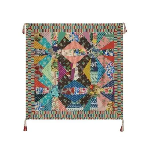 Johnny Was NWT Imagination Scarf in Multi Black Parrot Patchwork Silk Tassel