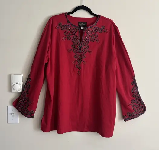 Bob Mackie Wearable Art Womens 1X Embroidered Top Red Purple Gold Blouse