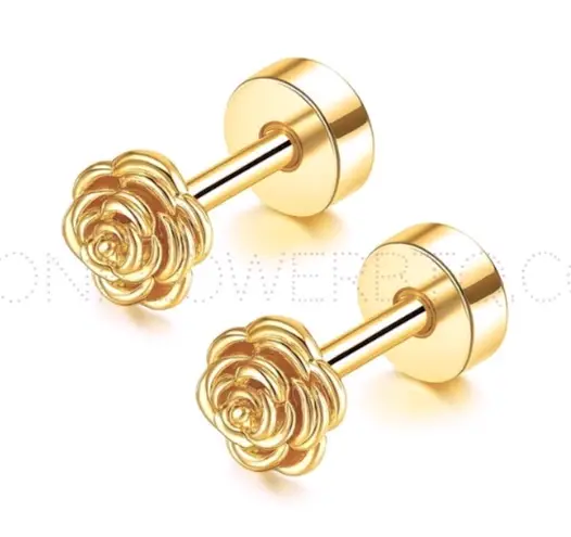 18k Gold Rose Stud Earrings with Flat Back – Hypoallergenic Stainless Steel