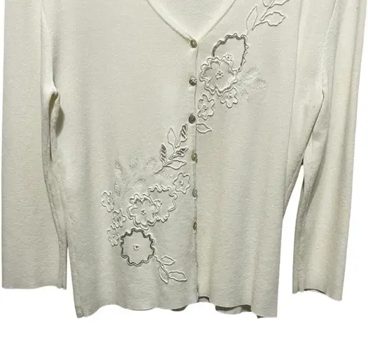 Ruby Rd Women Cardigan Sweater Ivory Embroidered Beaded Cottagecore Boho Classic Size L
