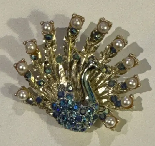 Vintage Peacock Brooch Pin Faux Pearls Blue AB Rhinestones & Enamel Gold