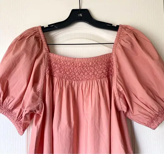 Doen Gail Top Smocked Cotton Poplin Blouse Petal Pink Puff Sleeve Medium EUC