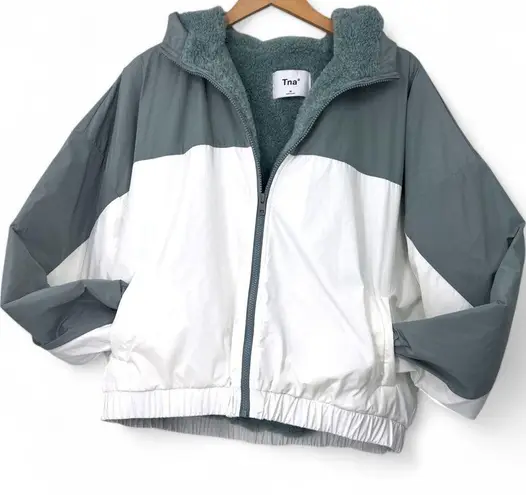 Aritzia TNA M BROOKE JACKET Coat Full Zip Sherpa Water Repellant Teal White Wome Size M