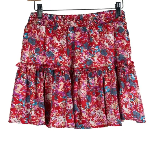 Fanco Mini Skirt Womens S Red Pink Floral Tiered Cottagecore Ruffle Boho Fairy