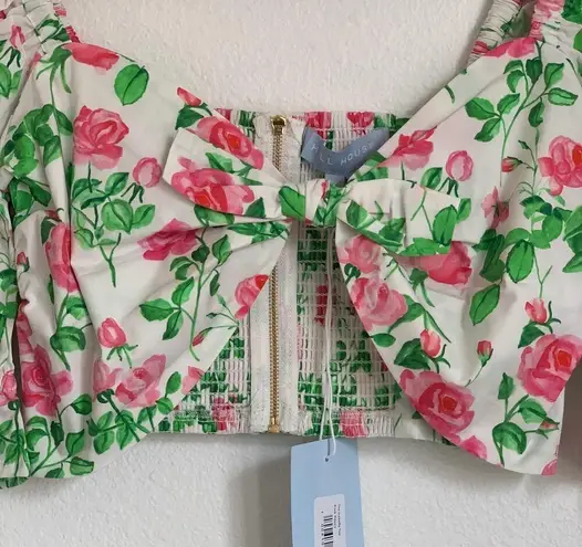 NWT Hill House Home Puff Sleeve Floral Bow Crop Top in White/Pink White Size M