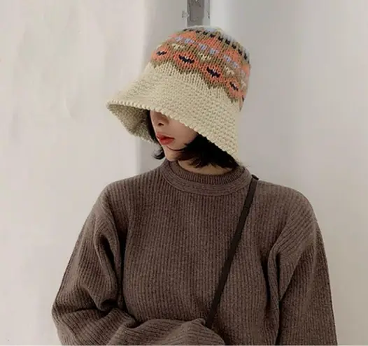 Crochet Knitted Casual Fisherman Jacquard Black Outdoor Bucket Hat Cap Women’s