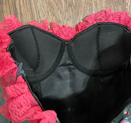 Daisy Corsets NWT Denim With Hot Pink Lace and Bow Trim Corset Black Lace Up Lrg