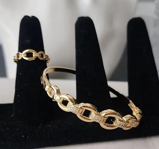 Gold Filled Chain Link Clamper Bangle Bracelet Adjustable Ring Set