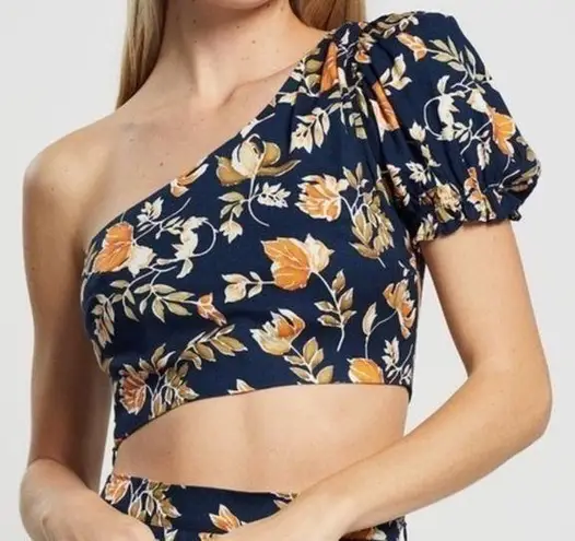Seven Wonders Womens XL One Shoulder Floral Crop Top Puff Sleeve Navy Yellow top