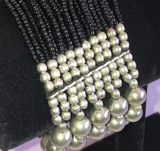 Silver Tone Black Seed Bead Boho Beaded Wide Stretchy Bracelet