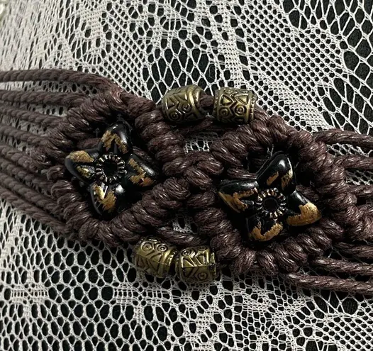 Crochet Waxed Yarn Brown Boho Beaded Woven Belt with Tie Tassels