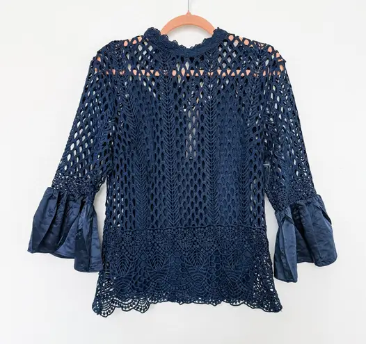 Dolce Cabo Womens Top Medium Navy Crochet Bell Sleeve Semi Sheer Boho Victorian Blue