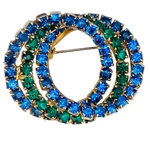 Vintage Blue  and Green Rhinestone Circles Brooch Pin