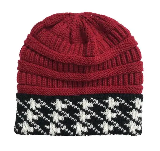 Houndstooth Crimson Red Black White Knit Cap Hat