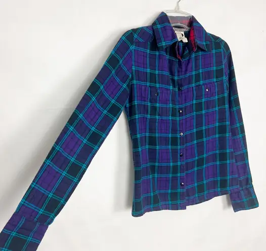 Element Plaid Blue & Purple Women's Flannel Button Down Shirt Size Small