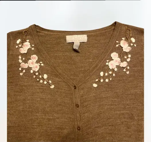 Carolyn Taylor Women's brown cardigan with pink embroidered cherry blossom XL