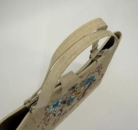 Vintage 60s Jewel Tone Wood Tote Handbag Collins Style Purse Floral Bucket Tan